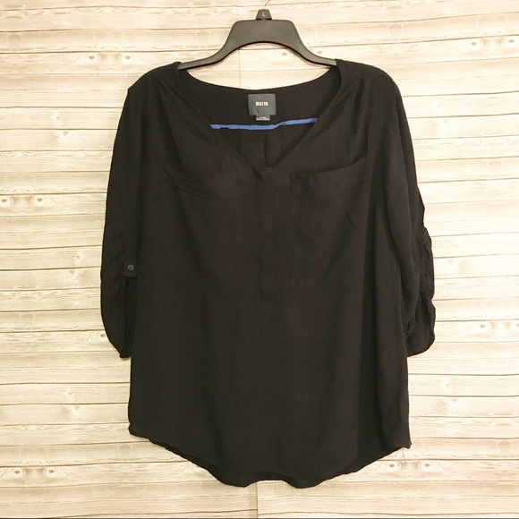 Anthropologie Maeve Black Double Pocket Top Sz L